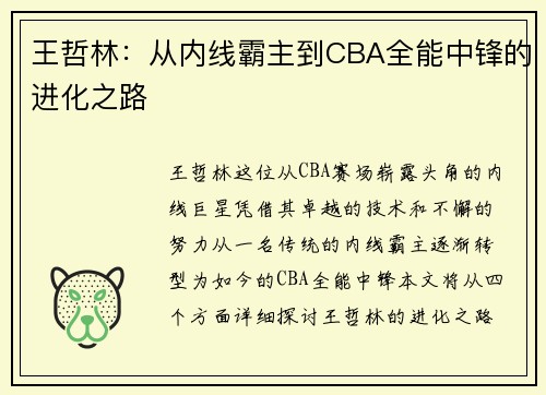 王哲林:从内线霸主到CBA全能中锋的进化之路 王哲林:从内线霸主到CBA全能中锋的进化之路